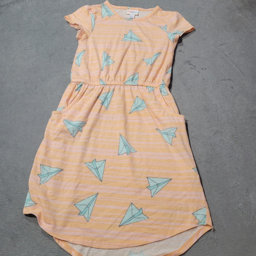 LuLaRoe‎ Dress Girls 10 Peach Pink Striped Paper Airplane High Low Short Sleeve